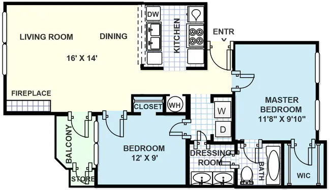 2 bedroom, 1 bathroom 175 floor plan